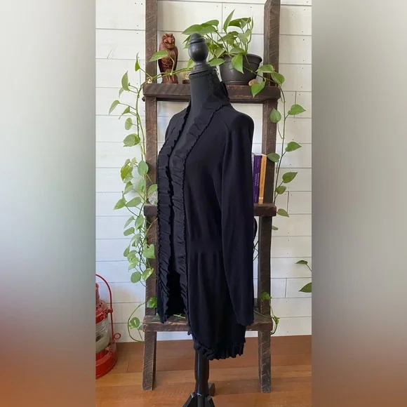 Valerie Steven’s: Elegant Black Open-Front Cardigan Sweater with Ruffle Trim - Picture 9 of 17